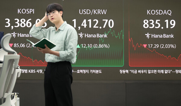 코스피가 급락한 26일 서울 중구 하나은행 딜링룸 현황판에 코스피·코스닥 종가가 표시돼 있다. (사진=연합뉴스)