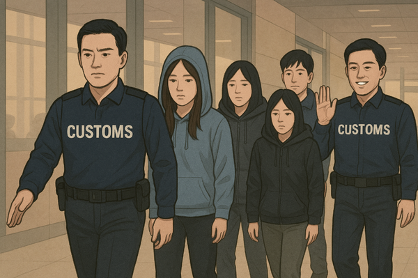 2023년 1월 27일 마약을 몸에 부착한 말레이시아 조직원들을 한국 세관원들이 안내하는 장면을 챗GPT가 재연한 삽화. (자료=뉴스버스)