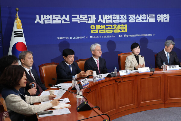  25일 국회에서 열린 더불어민주당 '사법불신 극복·사법행정 정상화' 태스크포스(TF) 공청회에서 전현희 TF 단장이 발언하고 있다.(사진=연합뉴스)